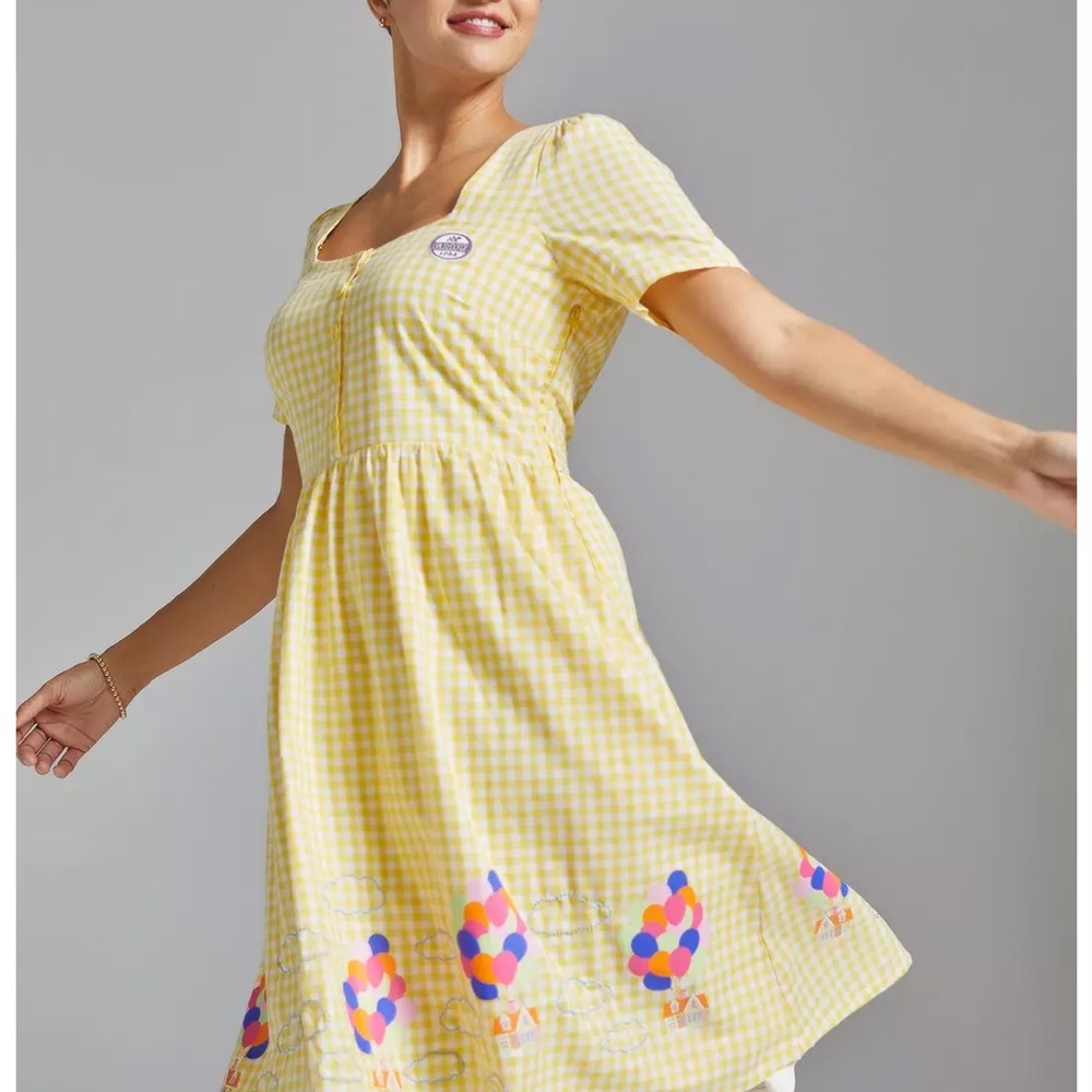 Yellow UP Gingham Dress with Balloon Print and cloud embroidery